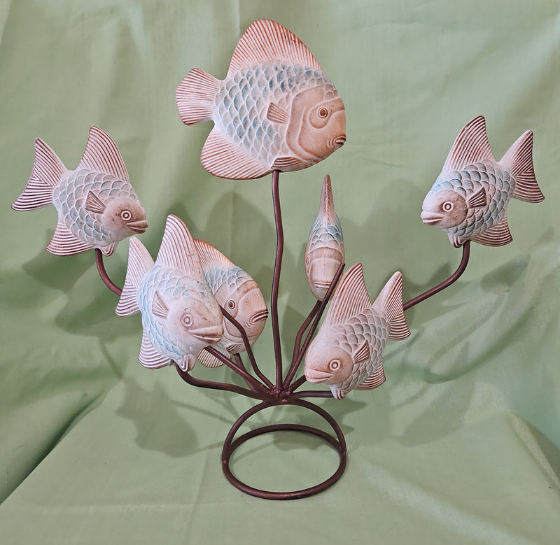 Pastel Vintage Ceramic Fish On Iron Stand Sculpture