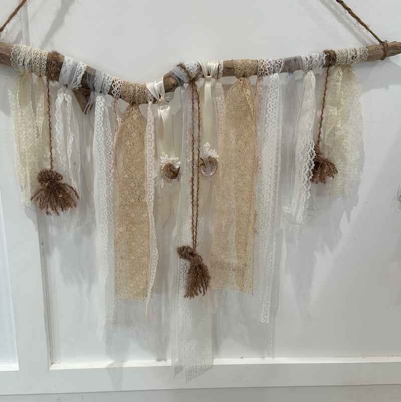 Boho Vintage Lace Driftwood Wall Decor With Shell Accents