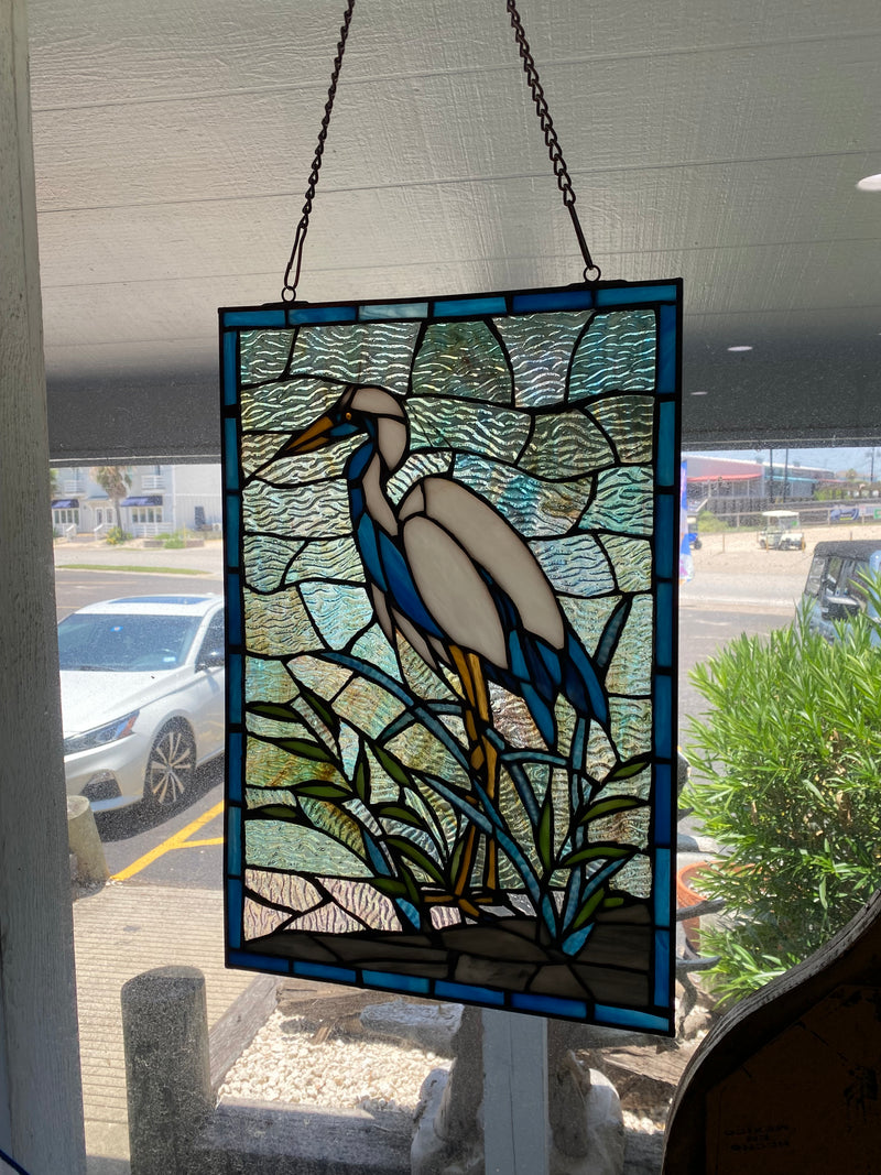 18"H Majestic White & Blue Crane Stained Glass Window Panel
