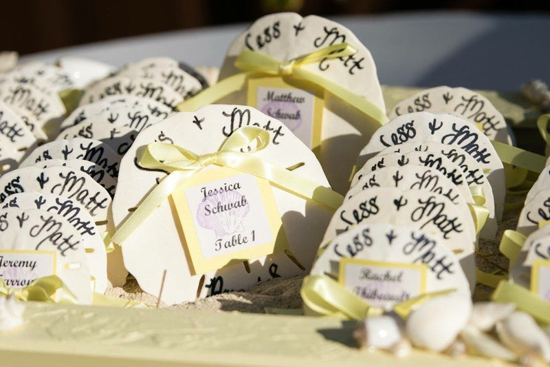Calligraphy Beach Wedding Favors- Sand Dollars w/ Bride and Grooms Name, Wedding Date or Destination w/ Guest Name/ Table Assignment Card