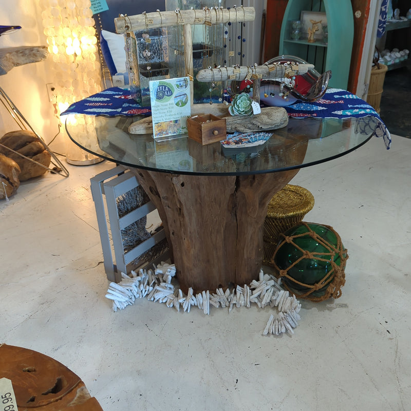 Teak Root Dining Table with Round Glass Top