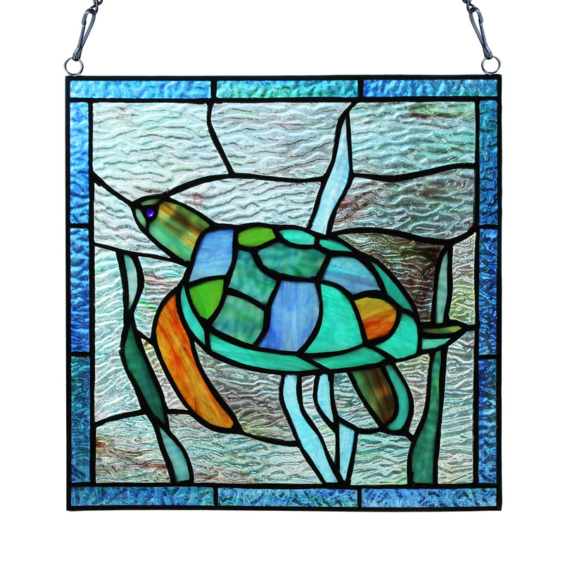 10.5"H Tommy the Green Sea Turtle Stained Glass Window Panel