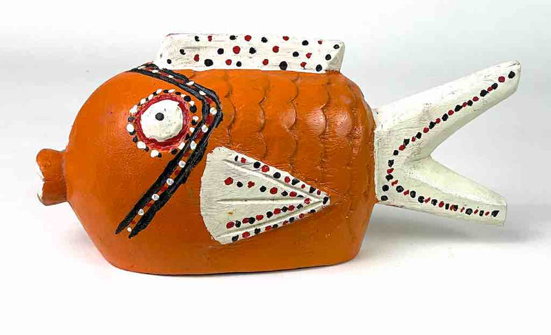 African Ceremonial Bozo Fish Puppet Sculpture - Orange with White - 12"
