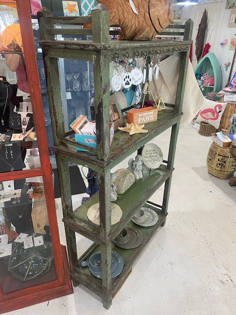 Antique rustic green teak hook shelf