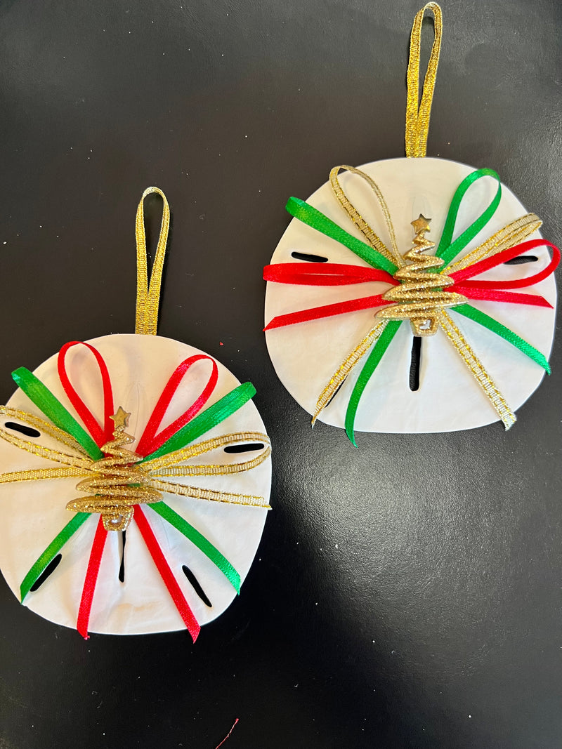 Handmade Sand Dollar Ornament With Red/Green Ribbon
