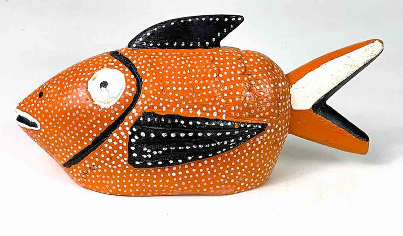 African Ceremonial Bozo Fish Puppet Sculpture - Orange with White & Black - 11"