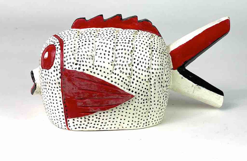 African Ceremonial Bozo Fish Puppet Sculpture - White Polka Dot with Red - 10"