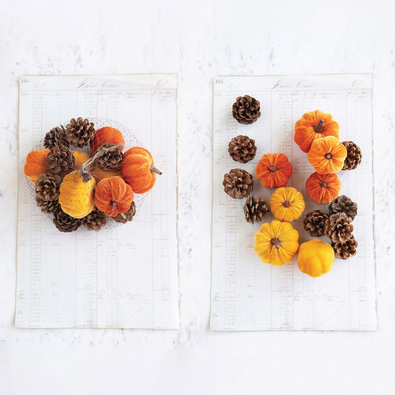 Velvet Pumpkins w/ Resin Stem & Pinecones in Net Bag, Orange & Natural (Contains 16 Pieces)