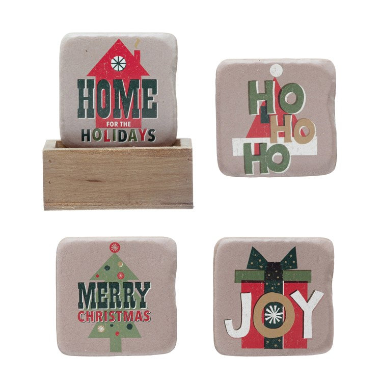 Square Resin Coasters w/ Holiday Saying & Wood Box Holder