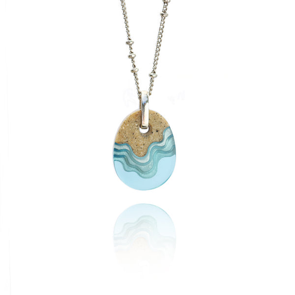 Oceanfront Necklace – Aqua & Ultramarine Resin and Sand Oval Pendant by BoldB