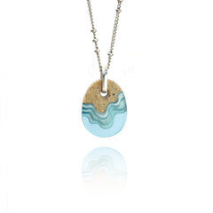 Oceanfront Necklace – Aqua & Ultramarine Resin and Sand Oval Pendant by BoldB