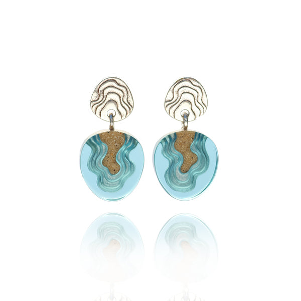 Cape Earrings – Aqua & Ultramarine Resin and Sand Stud Drops by BoldB