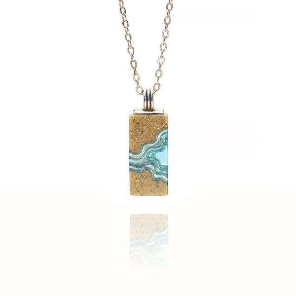 Delta Necklace – Blue Resin & Sand Minimalist Rectangle Pendant by BoldB