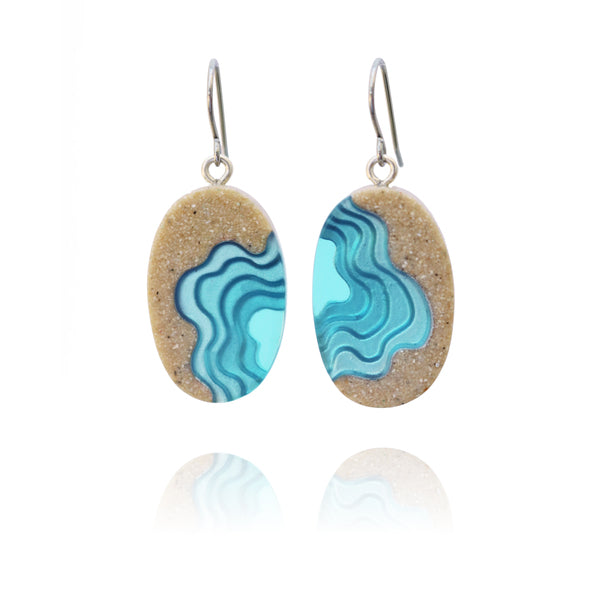 Littoral Oval Earrings – Aqua & Ultramarine Resin and Sand Drops by BoldB