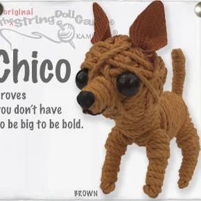 Handmade Chico the Chihuahua String Doll Keychain with a bold dog-inspired design featuring fabric tag and lobster clasp.