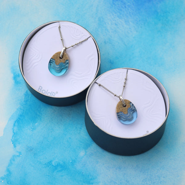 Oceanfront Necklace – Aqua & Ultramarine Resin and Sand Oval Pendant by BoldB