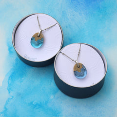 Oceanfront Necklace – Aqua & Ultramarine Resin and Sand Oval Pendant by BoldB