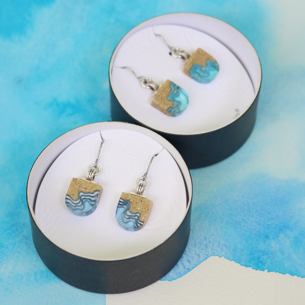 Shoreline Earrings – Aqua & Ultramarine U-Shaped Resin and Sand Drops by BoldB