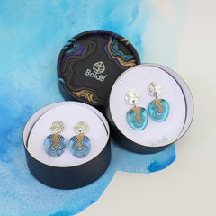 Cape Earrings – Aqua & Ultramarine Resin and Sand Stud Drops by BoldB