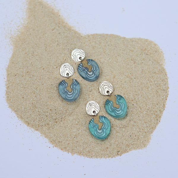 Cape Earrings – Aqua & Ultramarine Resin and Sand Stud Drops by BoldB