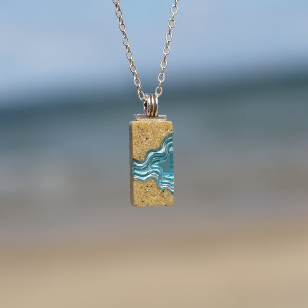 Delta Necklace – Blue Resin & Sand Minimalist Rectangle Pendant by BoldB