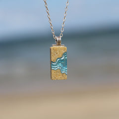 Delta Necklace – Blue Resin & Sand Minimalist Rectangle Pendant by BoldB