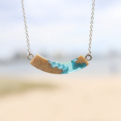 Headland Necklace – Aqua Resin & Sand Coastal Arc Pendant by BoldB