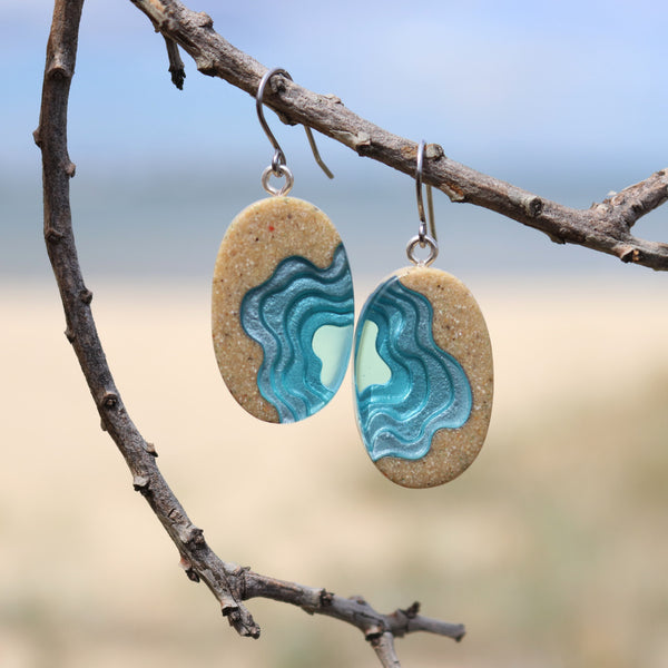 Littoral Oval Earrings – Aqua & Ultramarine Resin and Sand Drops by BoldB