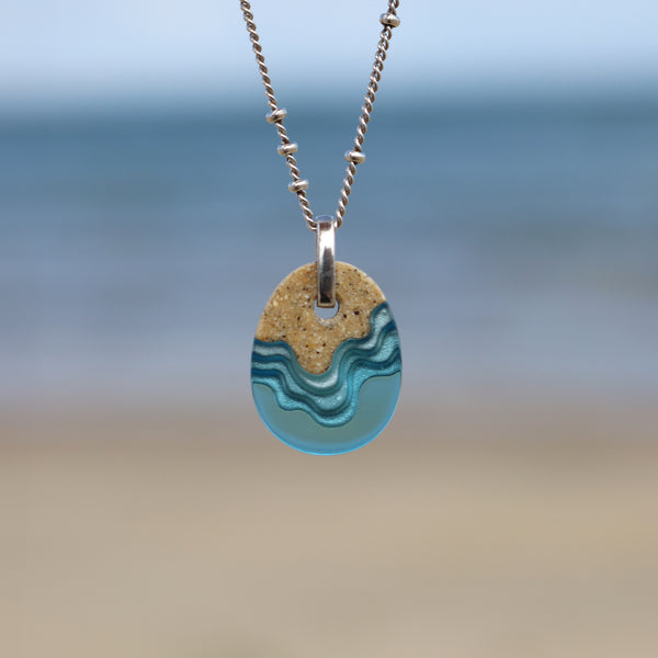 Oceanfront Necklace – Aqua & Ultramarine Resin and Sand Oval Pendant by BoldB