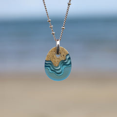 Oceanfront Necklace – Aqua & Ultramarine Resin and Sand Oval Pendant by BoldB