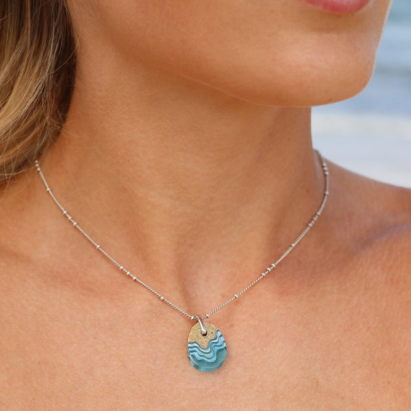Oceanfront Necklace – Aqua & Ultramarine Resin and Sand Oval Pendant by BoldB