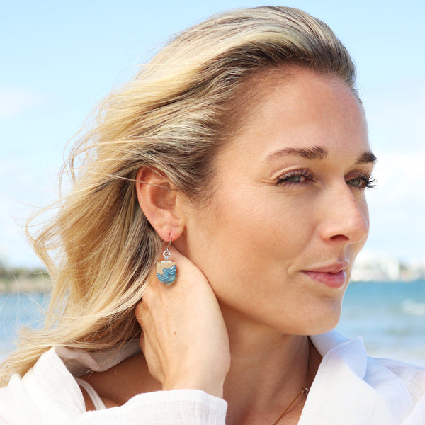 Shoreline Earrings – Aqua & Ultramarine U-Shaped Resin and Sand Drops by BoldB