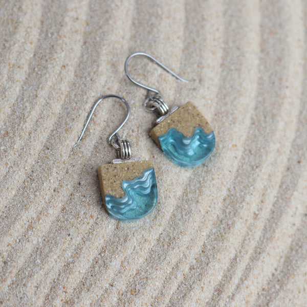 Shoreline Earrings – Aqua & Ultramarine U-Shaped Resin and Sand Drops by BoldB