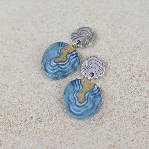 Cape Earrings – Aqua & Ultramarine Resin and Sand Stud Drops by BoldB