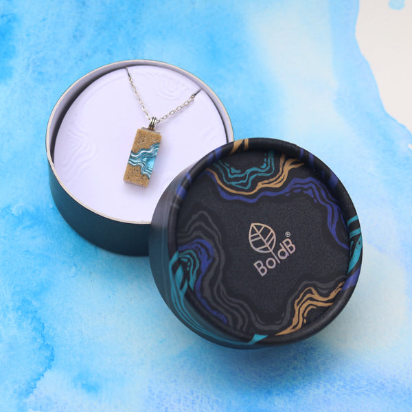 Delta Necklace – Blue Resin & Sand Minimalist Rectangle Pendant by BoldB