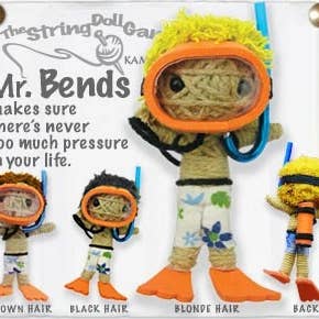 Handmade Mr. Bends the Snorkeler String Doll Keychain with a snorkeler-inspired design, featuring a fabric tag and lobster clasp.