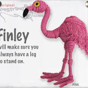 Handmade Finley the Flamingo String Doll Keychain with bright pink design, featuring fabric tag and lobster clasp.