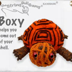 Handmade Boxy the Box Turtle String Doll Keychain with green design, fabric tag, and lobster clasp.