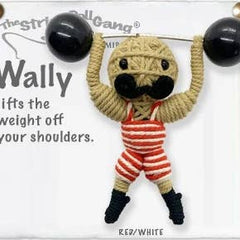 Handmade Wally String Doll Keychain featuring a vibrant circus strongman design with fabric tag and lobster clasp.