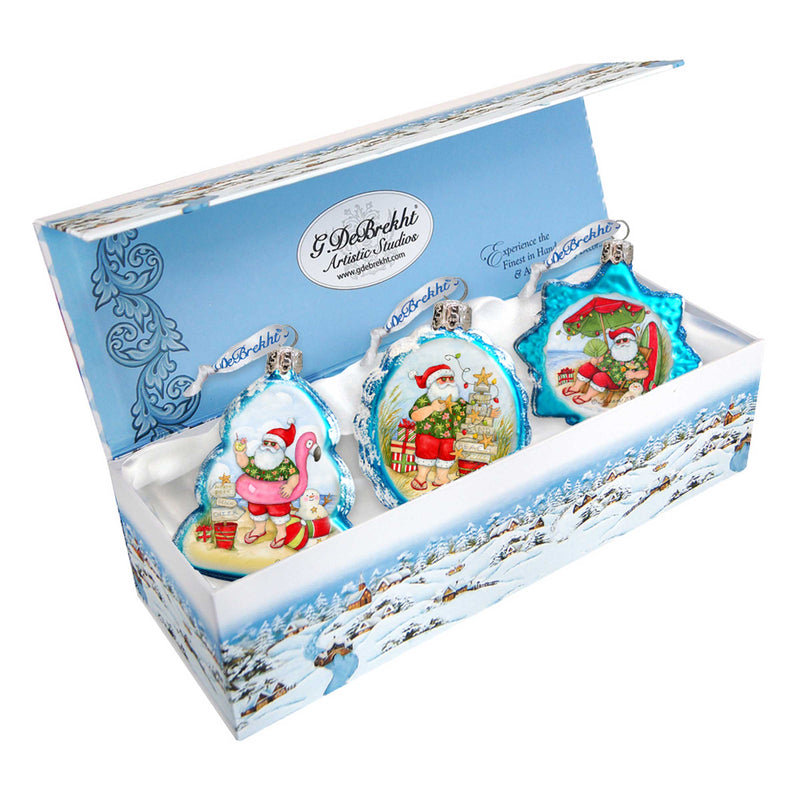 Santa at the Beach Mercury Glass Ornaments Gift Set of 3- Coastal Christmas Boxed Set