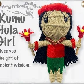 Handmade Kumu Hula Girl String Doll Keychain featuring a vibrant hula-inspired design with a fabric tag and lobster clasp.