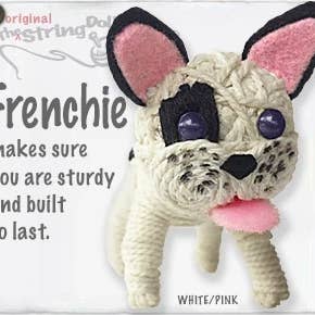 Handmade Frenchie the French Bulldog String Doll Keychain featuring a bulldog design with fabric tag and lobster clasp.