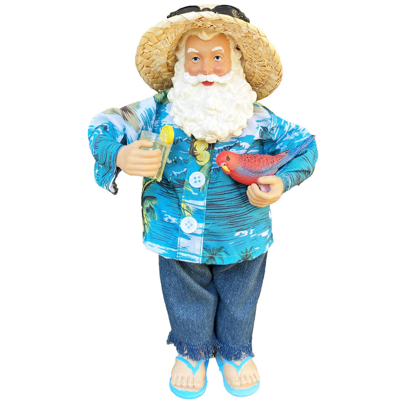 Front view of 10 inch Margaritaville Claus Santa figurine wearing blue Hawaiian shirt and jeans holding tropical drink