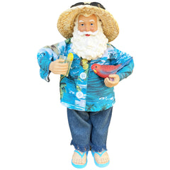 Front view of 10 inch Margaritaville Claus Santa figurine wearing blue Hawaiian shirt and jeans holding tropical drink