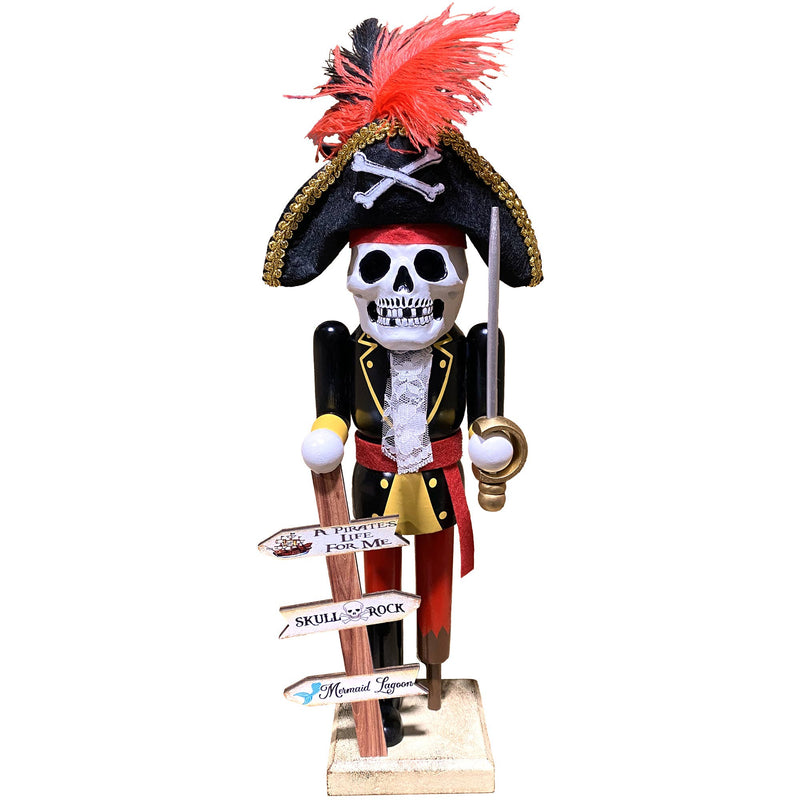 Front view of 14 inch Pirate Nutcracker with skeleton face black tricorn hat gold trim red feather and sword holding directional sign