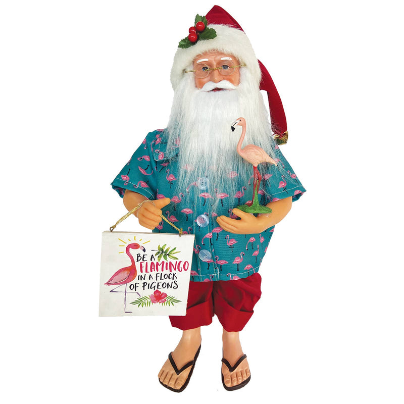 15 inch Flamingo Claus Santa figurine in flamingo shirt holding pink flamingo and Be a Flamingo in a Flock of Pigeons sign