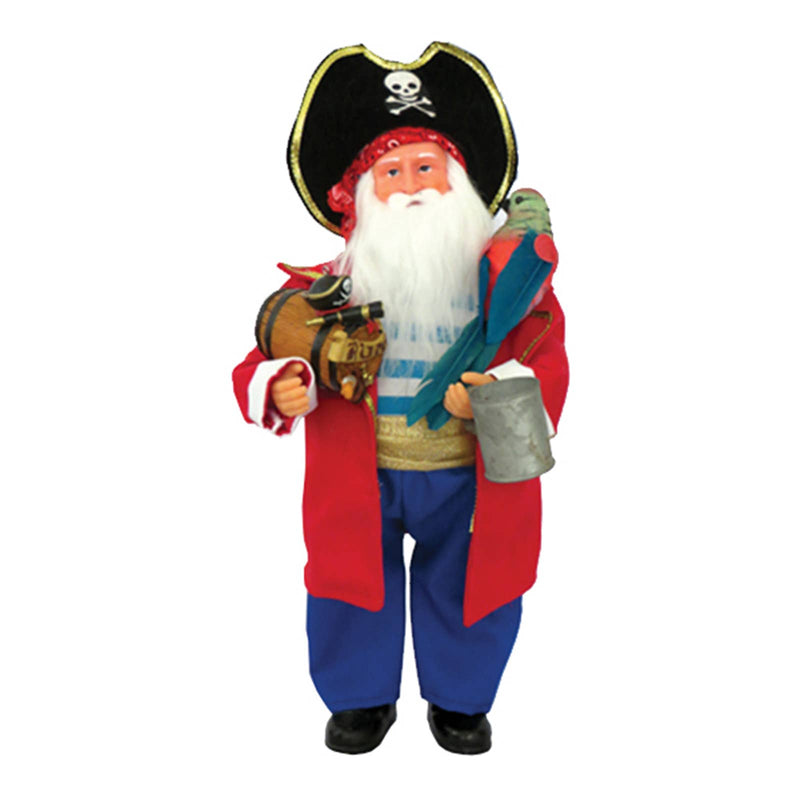 15 inch Rum Runner Claus Santa figurine in red pirate coat holding barrel and stein with parrot on shoulder