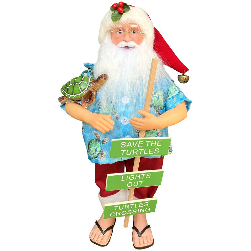 Front view of 15 inch Save the Turtles Claus Santa figurine in blue Hawaiian shirt holding sea turtle and Save the Turtles Lights Out Turtle Crossing sign