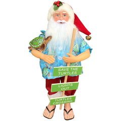 Front view of 15 inch Save the Turtles Claus Santa figurine in blue Hawaiian shirt holding sea turtle and Save the Turtles Lights Out Turtle Crossing sign