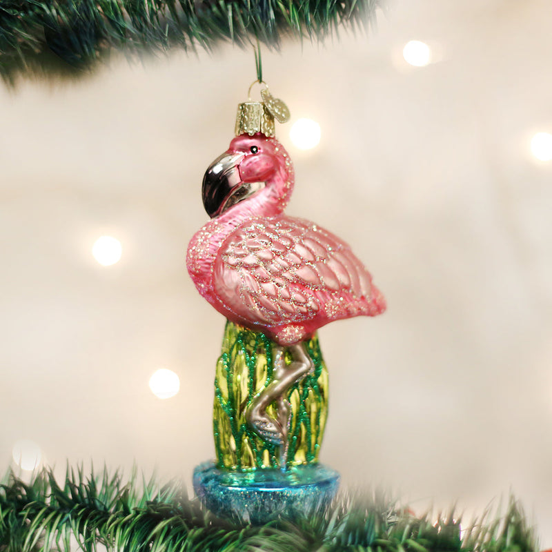 Flamingo Christmas Glass Ornament